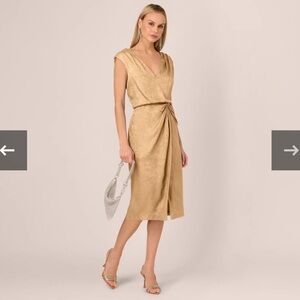 Adrianna Papell Foil Blouson Midi Dress With Faux Wrap Skirt In Light Gold 2